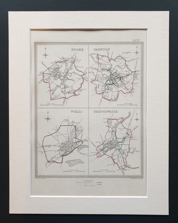 Frome, Taunton, Wells and Bridgewater - Original 1835 maps in mount