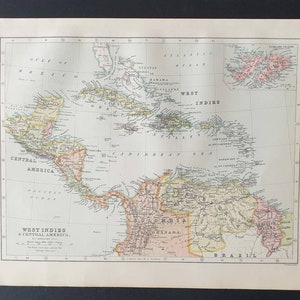 May include: Vintage map depicting the West Indies and Central America, printed on cream-colored paper. The map uses a variety of colors to highlight different regions and bodies of water. The title "West Indies & Central America" is displayed at the bottom of the map.
