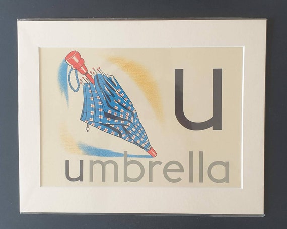 Original 1950's educational poster in mount - U for Umbrella
