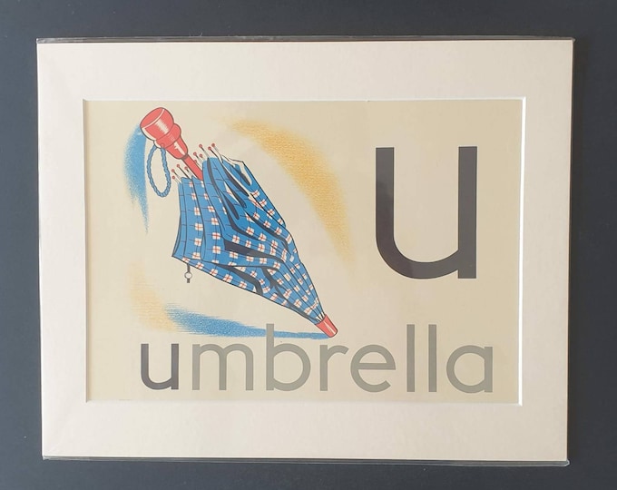 Original 1950's educational poster in mount - U for Umbrella