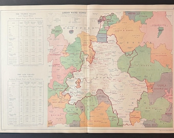 London Water Supply - Original Antique c1924 London Map