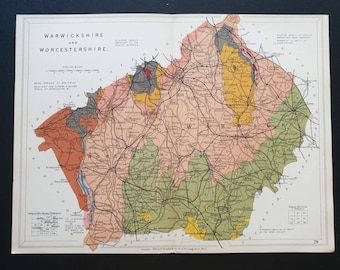 Warwickshire and Worcestershire - Original 1904 Antique County Geology map