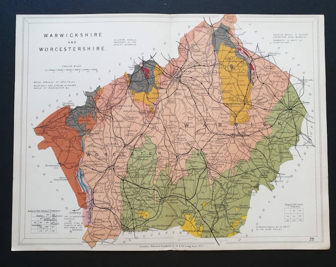 Original 1904 Antique County Geology map - Warwickshire and Worcestershire