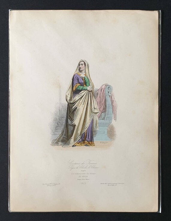 Original c1840 hand coloured French historical costume print - Female costume in the Kingdom of Charles le Chauvre