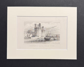 Caernarvon Castle, Eagle's Tower, North Wales - Original 1843 Antique Print