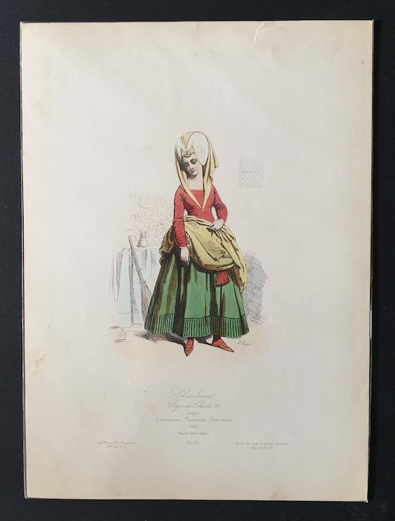 Original c1840 hand coloured French historical costume print - Chamberlain in the Kingdom of Charles VII, 1460