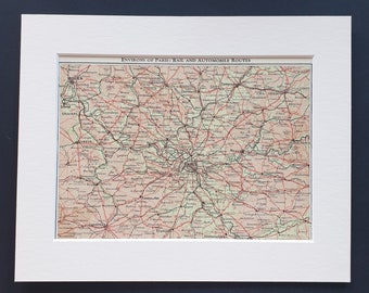 Environs of Paris, Rail and Automobile Routes - Original 1938 Paris map in mount