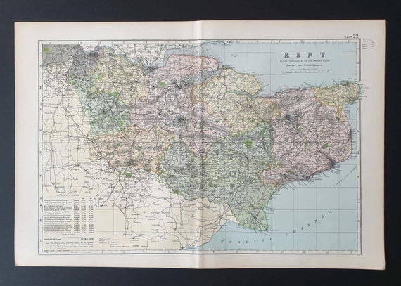 Original 1901 Large Antique County map - Kent