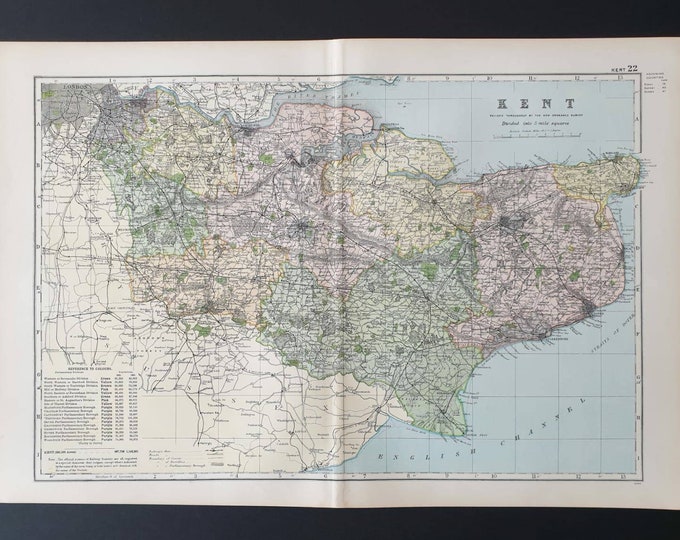 Original 1901 Large Antique County map - Kent