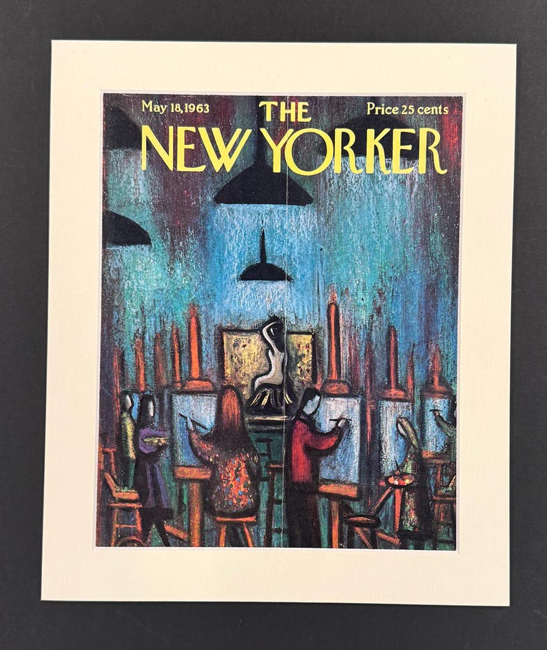 May include: A vintage print of The New Yorker magazine cover from May 18, 1963. The cover art shows an art studio scene with figures painting at easels. The background is a mix of blue, green, and brown hues, with the magazine title in yellow.