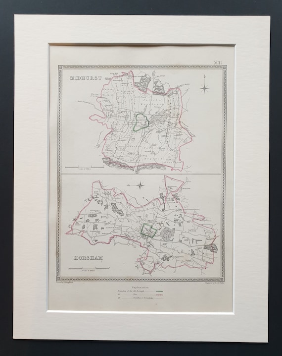 Midhurst and Horsham - Original 1835 maps in mount