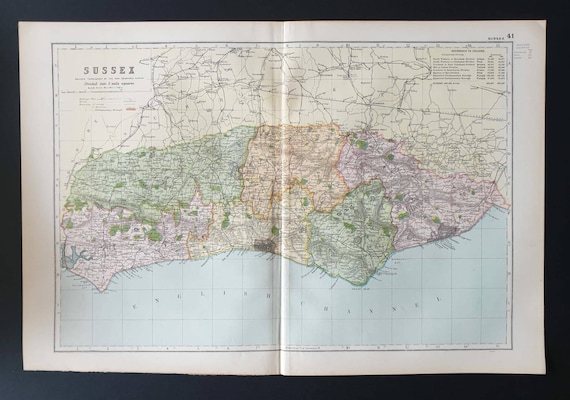 Original 1901 Large Antique County map - Sussex