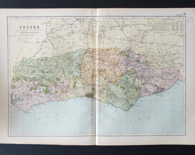Original 1901 Large Antique County map - Sussex
