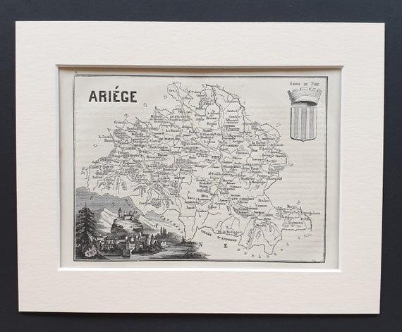 Ariége - Original 1865 map in mount