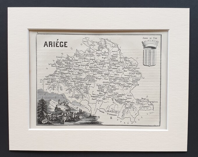 Ariége - Original 1865 map in mount