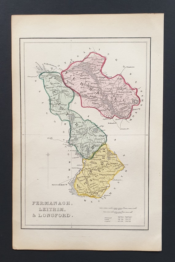 Fermanagh, Leitrim and Longford - Original 1842 hand coloured Ireland county map