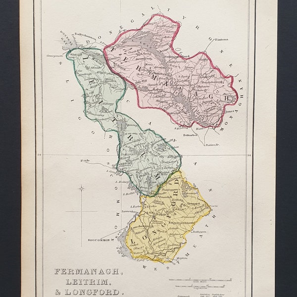 Fermanagh, Leitrim and Longford - Original 1842 hand coloured Ireland county map