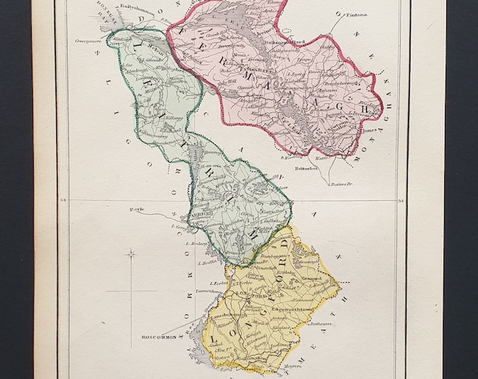 Fermanagh, Leitrim and Longford - Original 1842 hand coloured Ireland county map