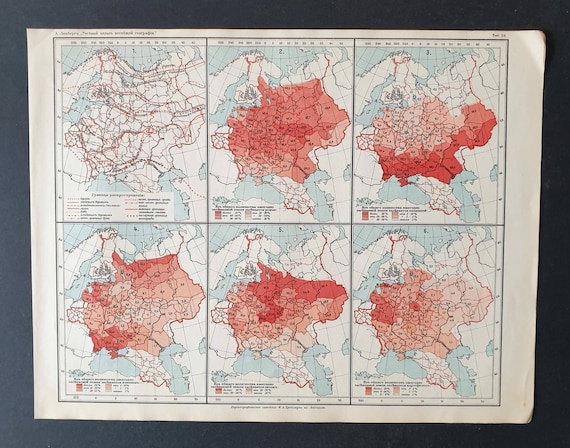 Original rare 1913 Russian map. European Russia - Vegetation/ Bread Crops