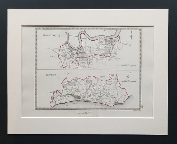 Greenwich and Hythe - Original 1835 map in mount