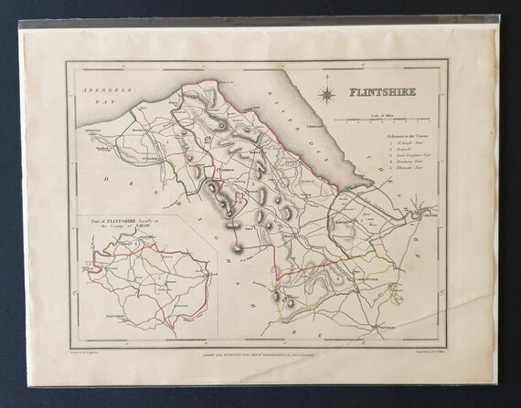 Original 1844 hand coloured County map - Flintshire