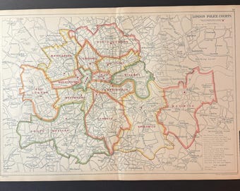 London Police Courts - Original Antique c1924 London Map