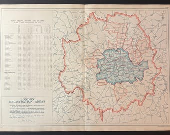 London Registration Areas - Original Antique c1924 London Map
