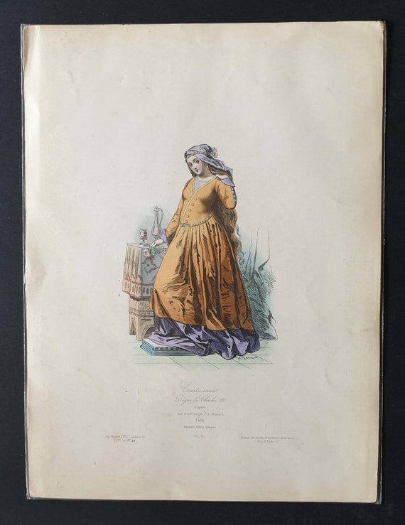 Original c1840 hand coloured French historical costume print - Courtesan in the Kingdom of Charles VIII, 1491
