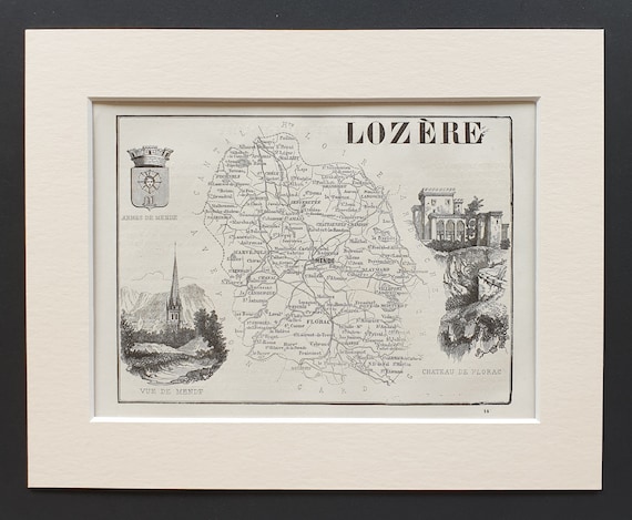 Lozère - Original 1865 map in mount