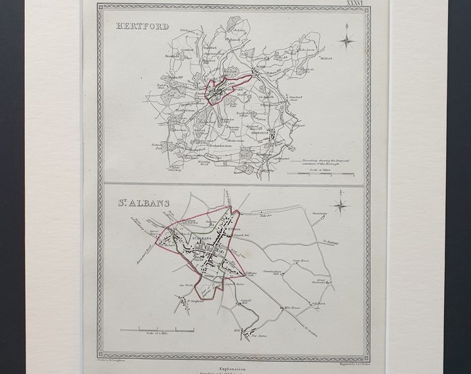 Hertford and St Albans - Original 1835 maps in mount