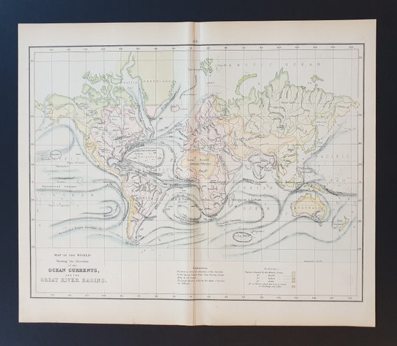 The World, showing Ocean Currents and Great River Basins - Original 1898 map