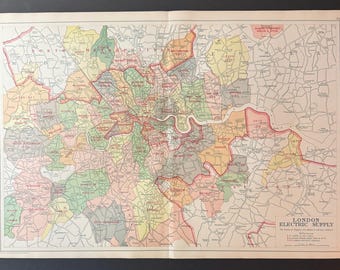 London Electric Supply Map - Original Antique c1924 London Map