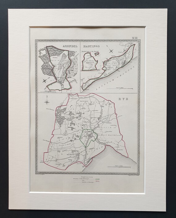 Arundel, Hastings and Rye - Original 1835 maps in mount