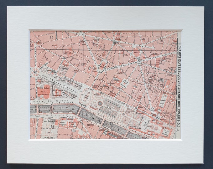 Champs Elysees, Louve etc - Original 1907 map in mount