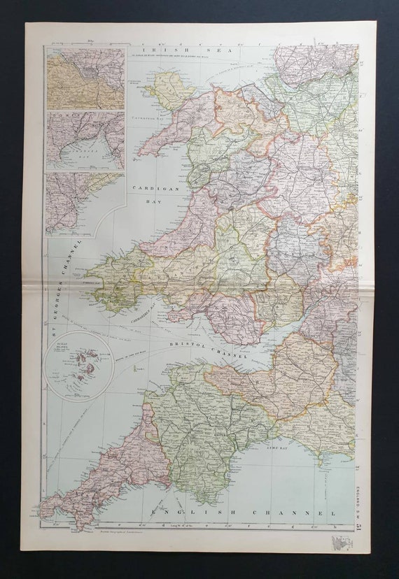 Original 1900 Large Antique map - England West and Wales