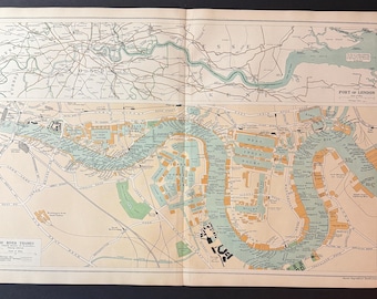 The Port Of London & The River Thames - Original Antique c1924 London Map