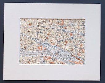 Champs Elysees, Tuileries, Madeleine, Opera etc - Original 1949 Paris map in mount