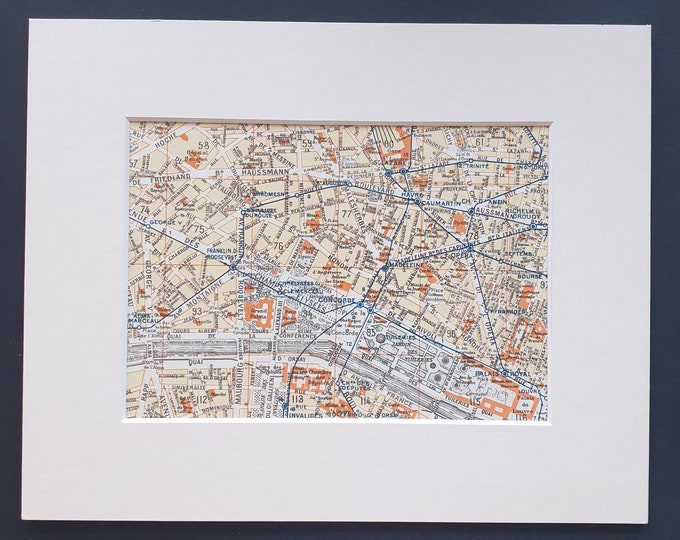 Champs Elysees, Tuileries, Madeleine, Opera etc - Original 1949 Paris map in mount