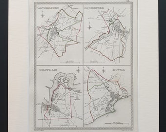 Canterbury, Rochester, Chatham and Dovor (Dover) - Original 1835 maps in mount