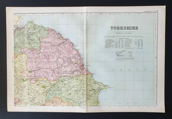 Original 1901 Large Antique County map -  Yorkshire North East