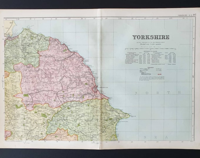 Original 1901 Large Antique County map -  Yorkshire North East