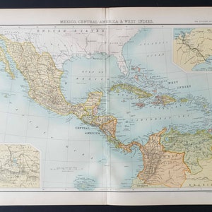 May include: Vintage map of "Mexico, Central America & West Indies." The map displays detailed geographical features, including country boundaries, towns, and seas. Printed on aged paper, the map has a classic aesthetic, reflecting a historical cartographic style.