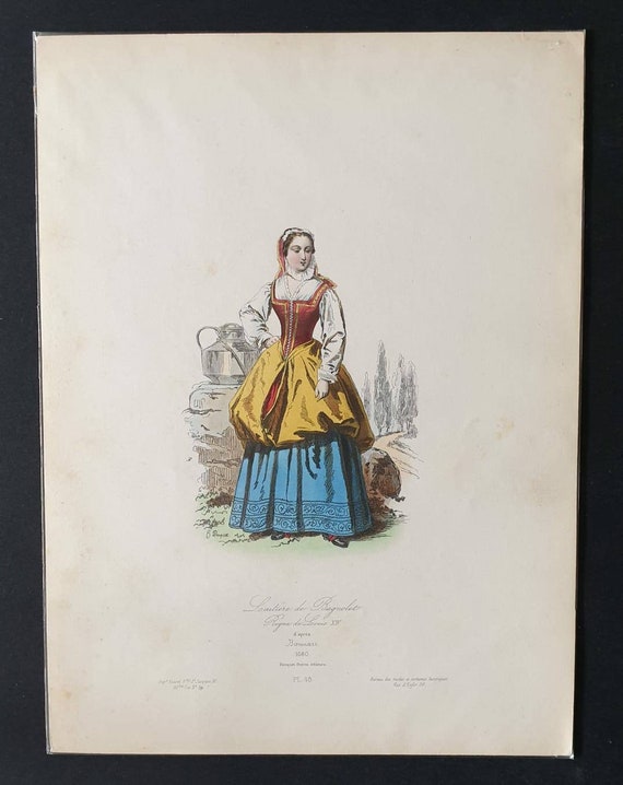 Original c1840 hand coloured French historical costume print - Bagnolet Milkmaid in the Kingdom of Louis XIV, 1680