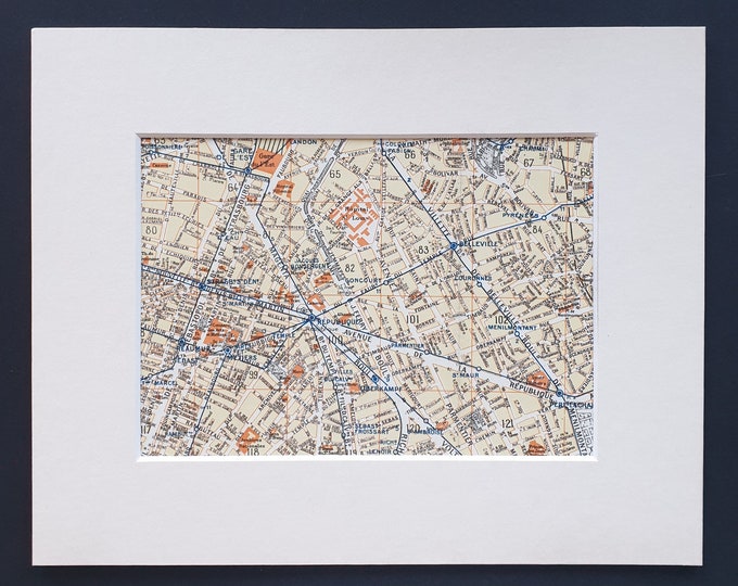 Republique and surrounding areas - Original 1949 Paris map in mount