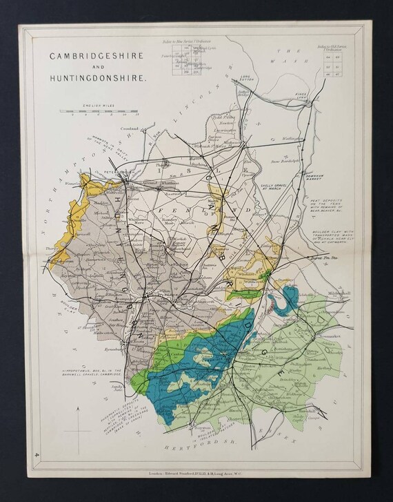 Original 1914 Antique County Geology map - Cambridgeshire and Huntingdonshire