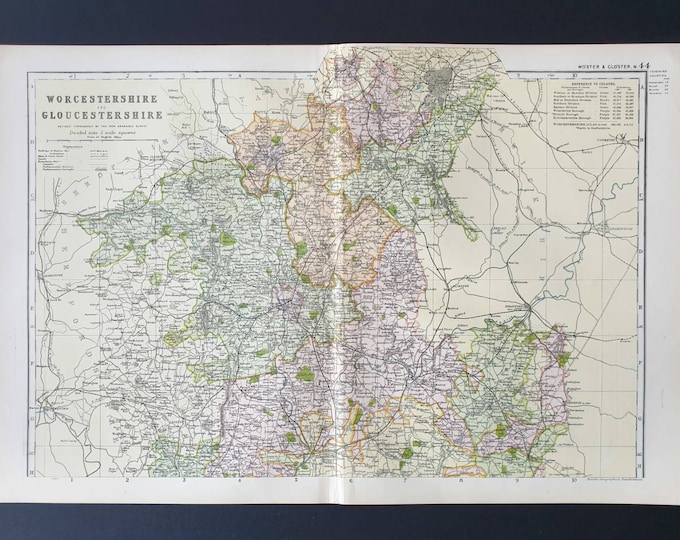 Original 1901 Large Antique County map -  Worcester and Gloucester North
