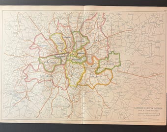 London County Courts - Bus & Tram Routes - Original Antique c1924 London Map
