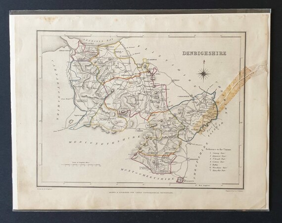 Original 1844 hand coloured County map - Denbighshire