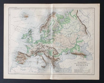 The Mountains, Table Lands, Plains and Valleys of Europe - Original 1877 map