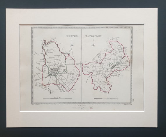Exeter and Tavistock - Original 1835 maps in mount